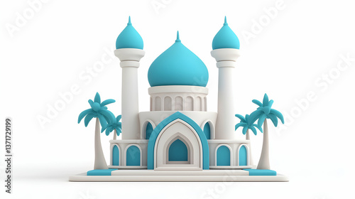 Stylized 3D Render of a Blue and White Mosque with Palm Trees
