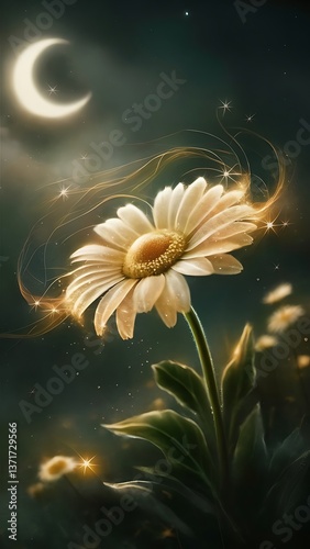 Spring flower daisy Macro shot of spring nature up close a mystical and serene night scene where a single 
