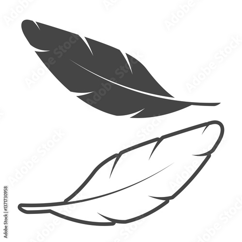 Two falling flying feathers, silhouette and outline. Flat vector illustration isolated on white background.