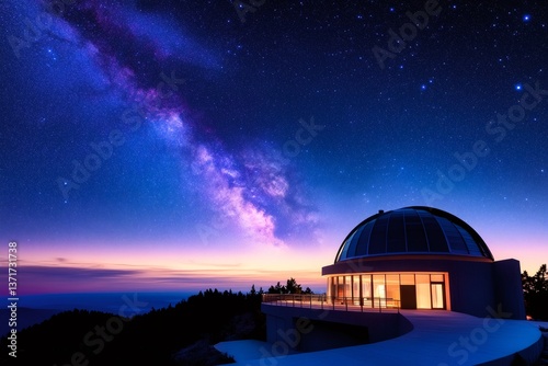 Astronomical observatory exploring the milky way at sunset