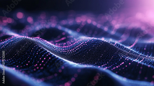 Abstract glowing wave pattern with pink and blue lights on a dark background in a macro shot