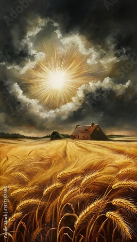 Imagine a richly textured painting of a vast wheat field, with golden stalks 
