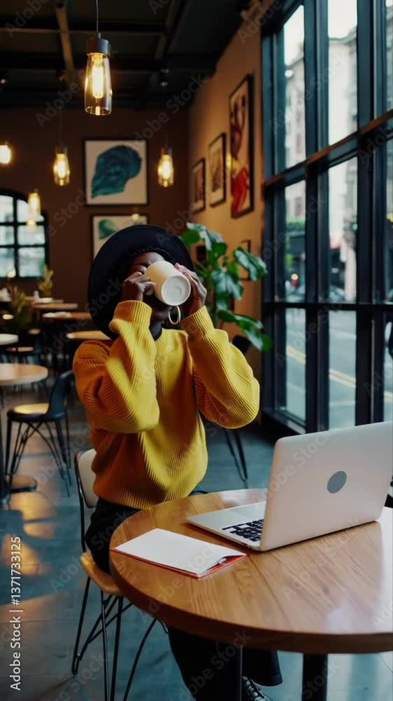 Stylish freelancer enjoying coffee while working on laptop in cafe Stylish freelancer enjoying coffee while working on laptop in cafe