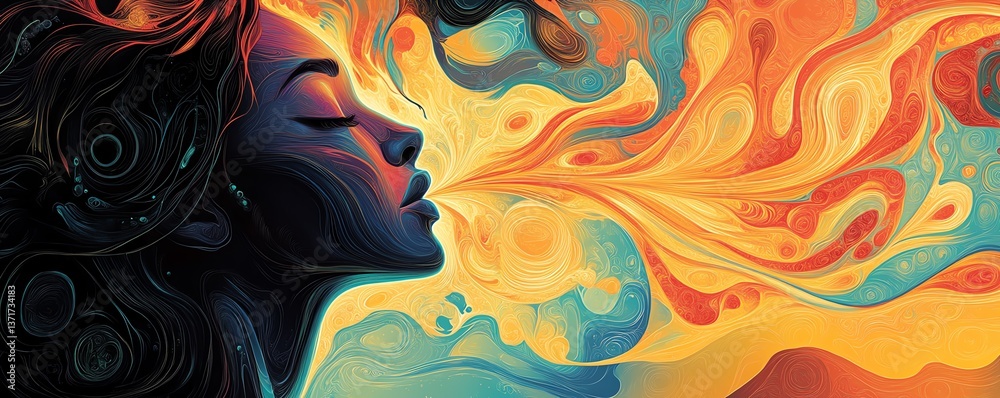 Fototapeta premium Contemplative woman depicted with vivid abstract shapes, flowing ideas, and swirling lines, symbolizing the struggle between overthinking and creative inspiration