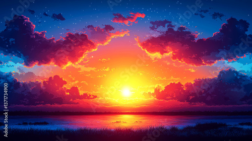 Fiery Sunset Landscape: Vibrant Colors and Tranquil Scene