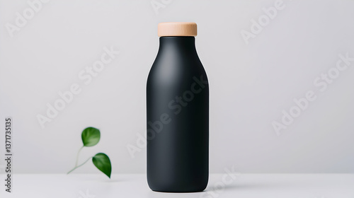 Black Matte Bottle with Wooden Cap and Green Leaf