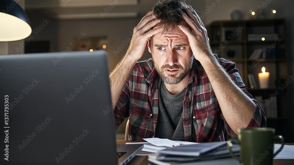 Overwhelmed by Work: Capturing the raw emotion of a man wrestling with the pressures of his work. His face is etched with the stress of the situation in front of a laptop screen.