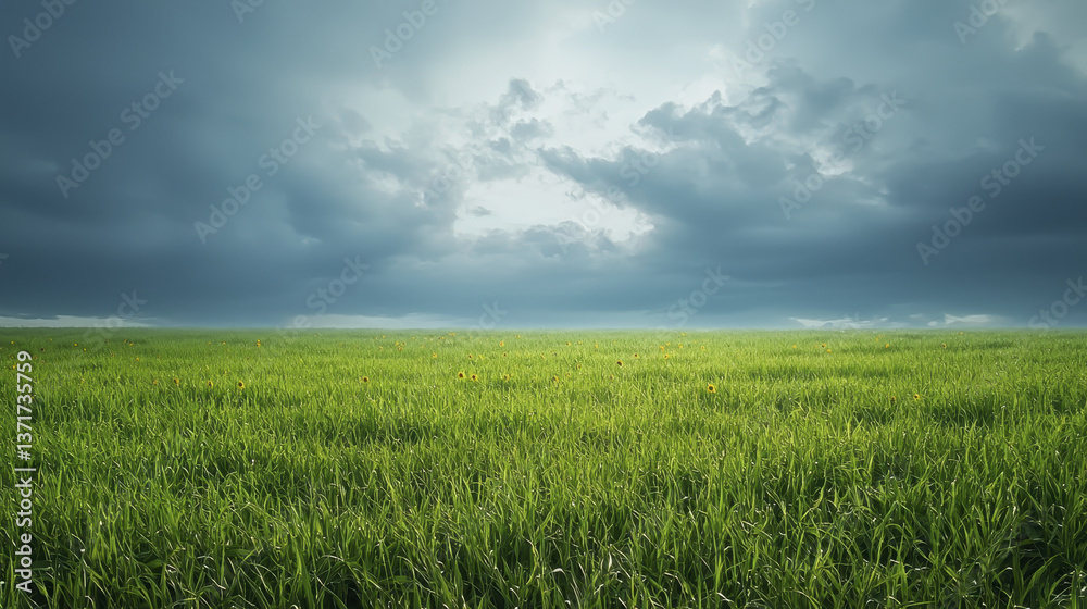 Fototapeta premium serene landscape featuring lush green grass under dramatic sky filled with clouds, evoking sense of tranquility and wonder