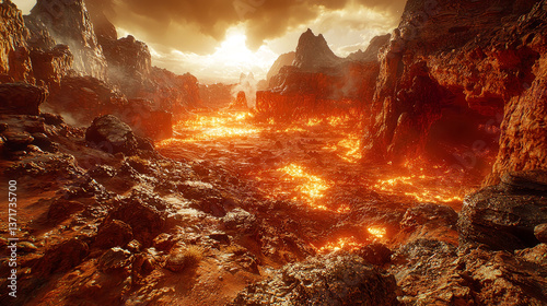 Fiery Volcanic Landscape: A Breathtaking View of Molten Rock and Rugged Mountains
