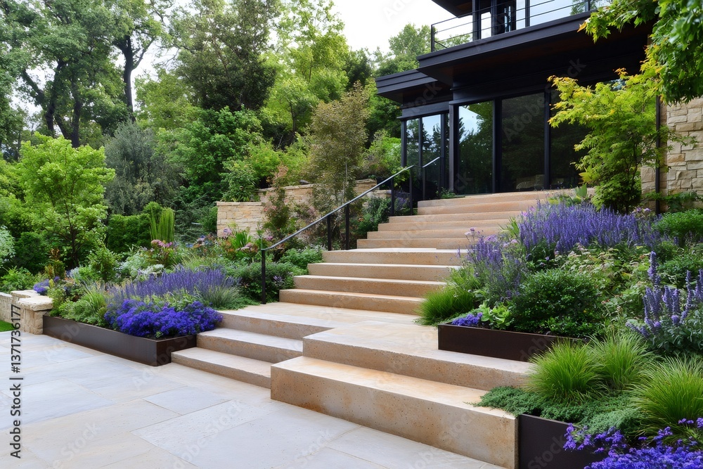 Naklejka premium Modern house with beautiful garden and large staircase