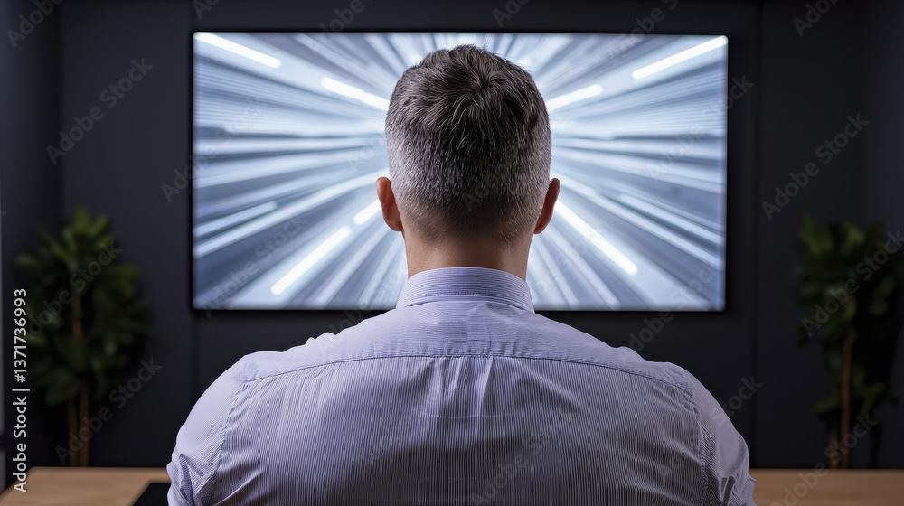 man light blue shirt is seated front of large screen displaying dynamic light patterns, evoking sense of focus and engagement man light blue shirt is seated front of large screen displaying dynamic light patterns, evoking sense of focus and engagement