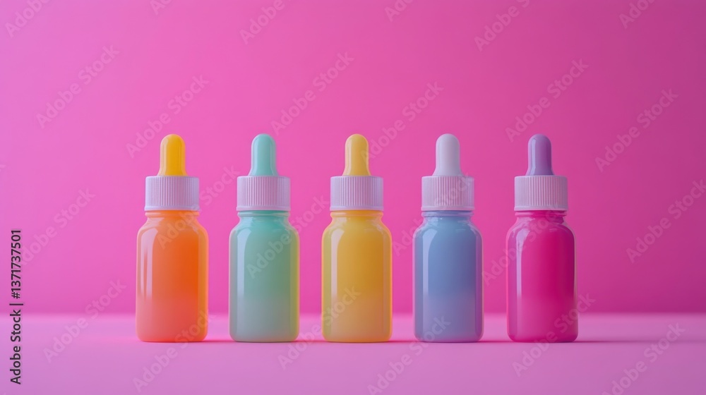Vibrant pastel dropper bottles against a pink backdrop Vibrant pastel dropper bottles against a pink backdrop