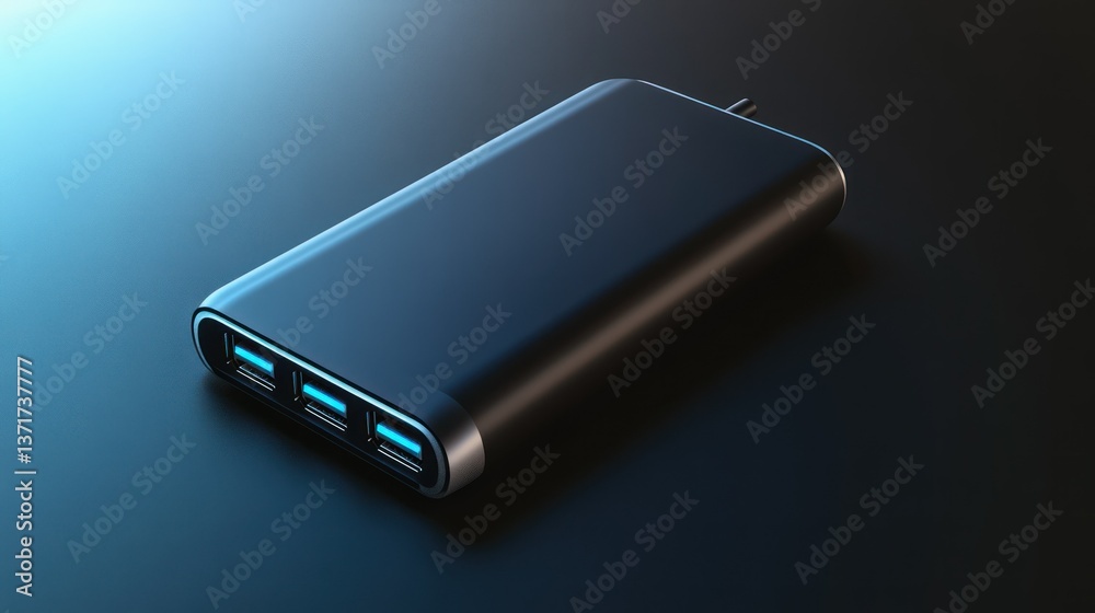 A sleek black power bank featuring three USB ports and a minimalist design. A sleek black power bank featuring three USB ports and a minimalist design.