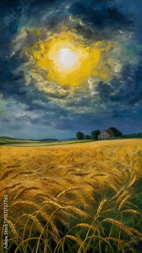 Imagine a richly textured painting of a vast wheat field, with golden stalks 