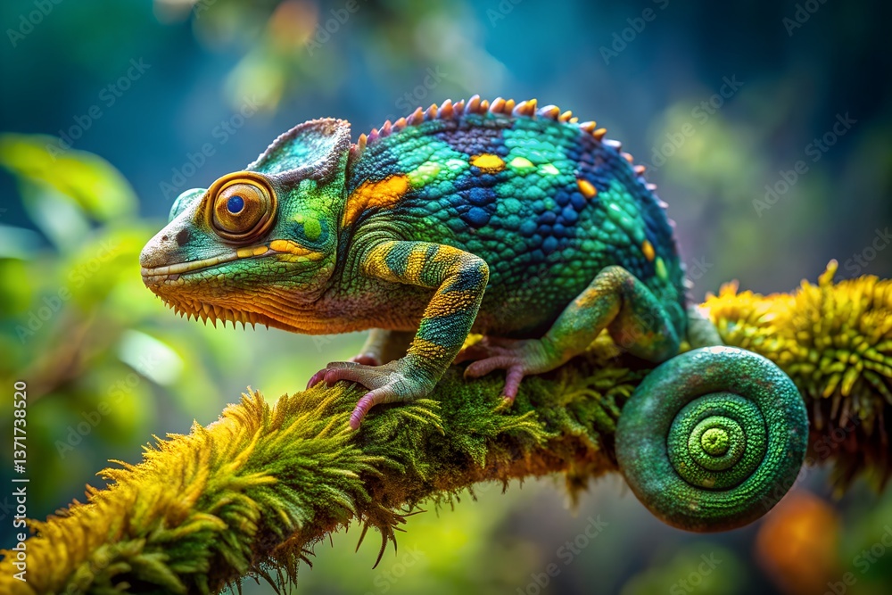 Fototapeta premium Vibrant Color-Changing Chameleon on Mossy Branch – Macro Wildlife Photography