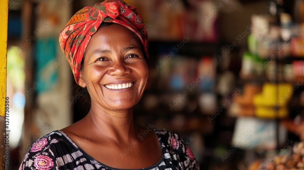 Smiling woman with a vibrant headscarf in a local shop Smiling woman with a vibrant headscarf in a local shop