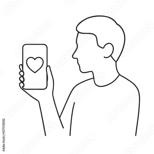 スマートフォンの画面にハートマークを表示し、それを見つめる人物を線画で描いたものです。人物は横を向いており、恋愛や好意、SNSの「いいね」などの概念を連想させます。