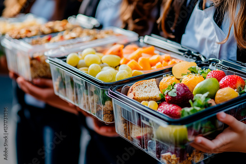 Students holding plastic lunch boxes with healthy breakfast meals