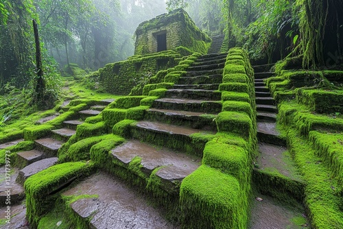 A lost temple being unearthed in a dense rainforest, vines covering its stone walls