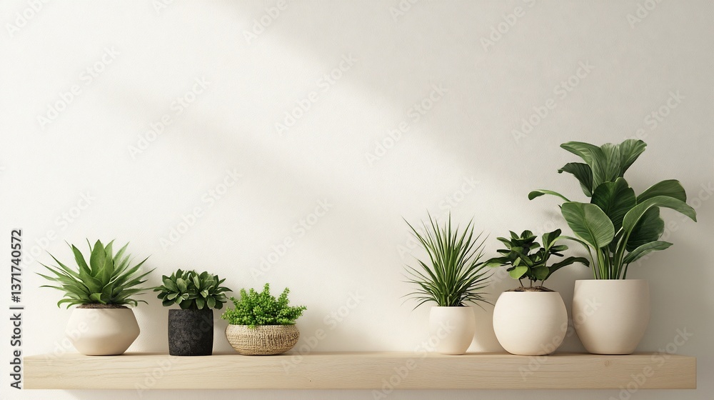Fototapeta premium Assortment of potted houseplants adorning a bright, minimalist shelf decor
