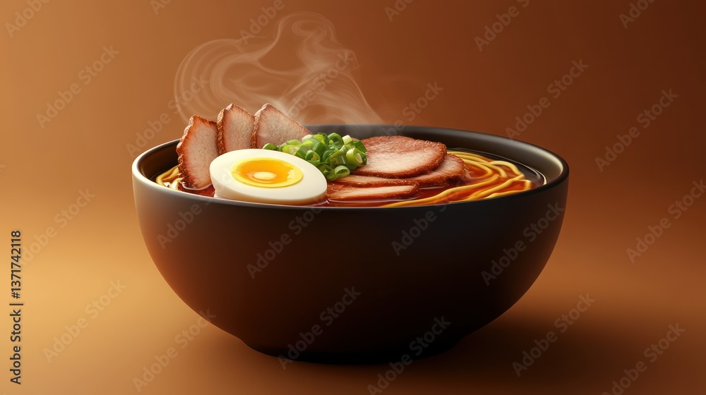 Steaming bowl of ramen with pork, egg, and scallions against brown background. Steaming bowl of ramen with pork, egg, and scallions against brown background.