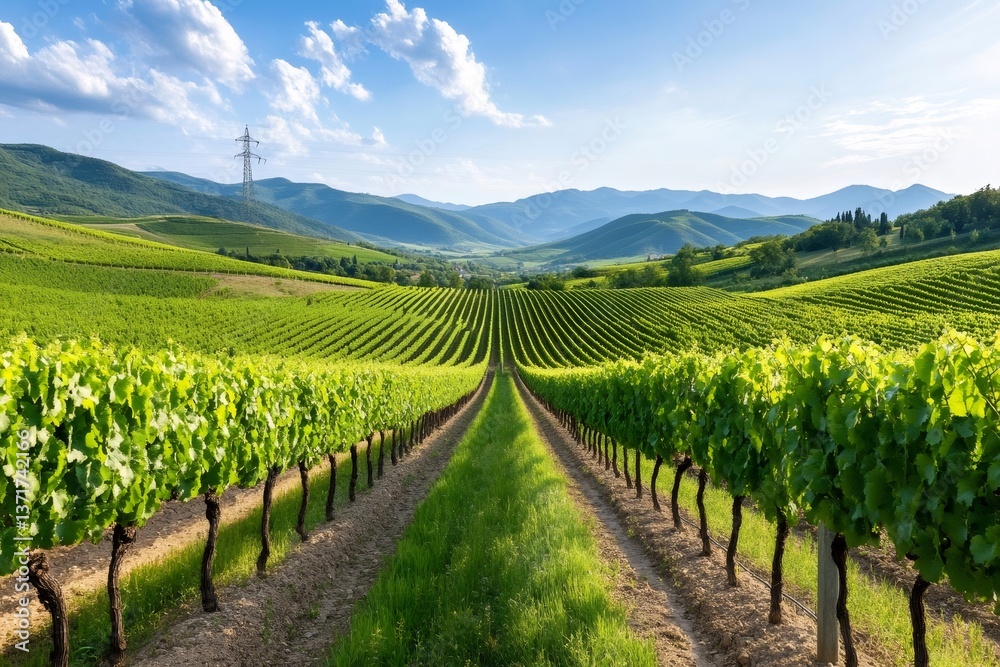Scenic vineyard landscape showing rows of grapevines growing in a picturesque valley