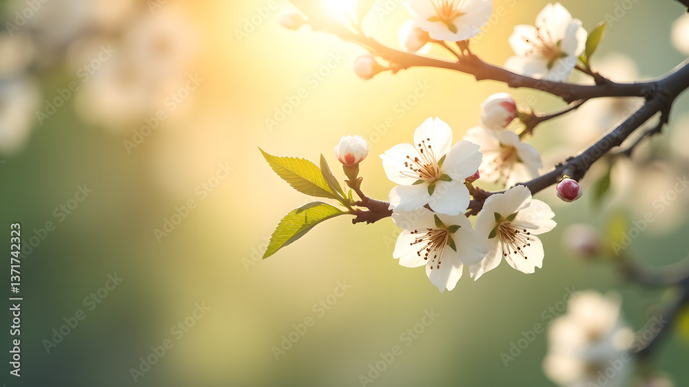 Blossoming Almond Branch in Serene Sunlight Scene