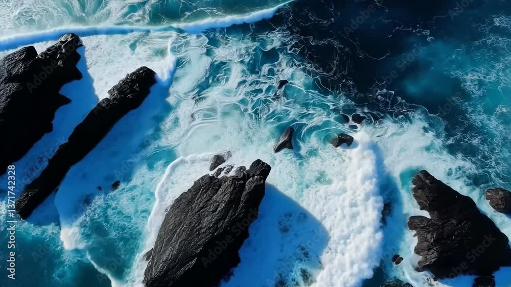 Top view of ocean waves on black rocks