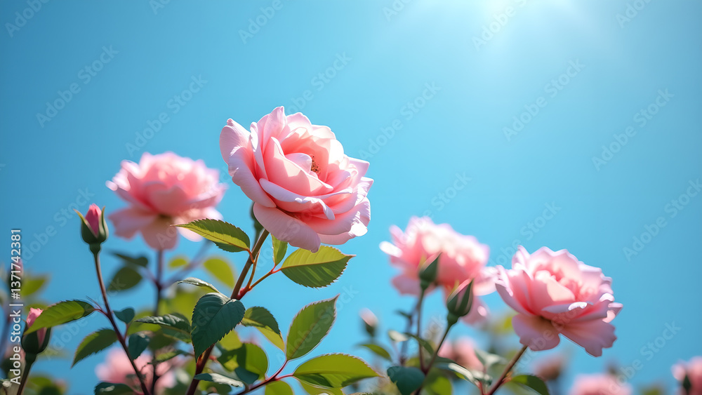Pastel Pink Roses Bloom against Azure Sky Backdrop