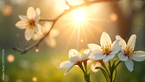 Obraz na płótnie Floral Symphony: Blossoms in Golden Sunlight Hues w salonie