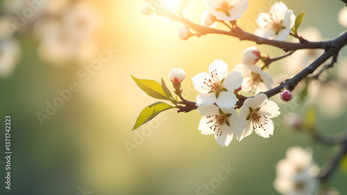 Obraz na płótnie Blossoming Almond Branch in Serene Sunlight Scene w salonie