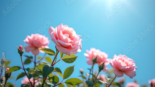 Obraz na płótnie Pastel Pink Roses Bloom against Azure Sky Backdrop w salonie