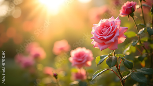 Obraz na płótnie Pink Roses Glowing in the Soft Evening Sunlight w salonie