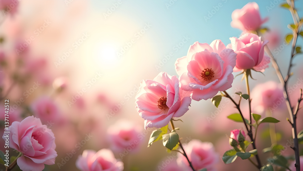 Delicate Pink Roses Blooming in Soft Sunlight