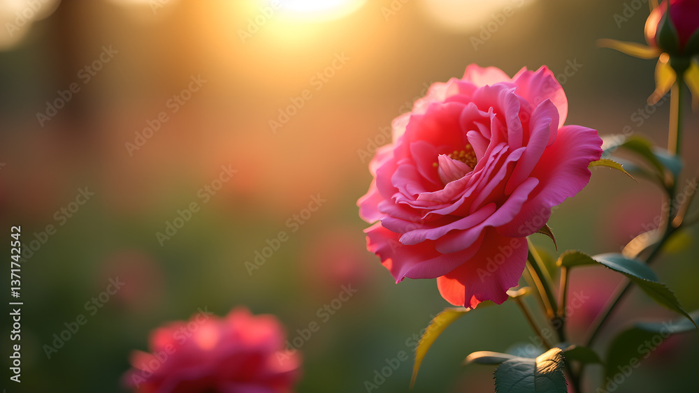 Glowing Pink Rose at Golden Hour in Garden Scene