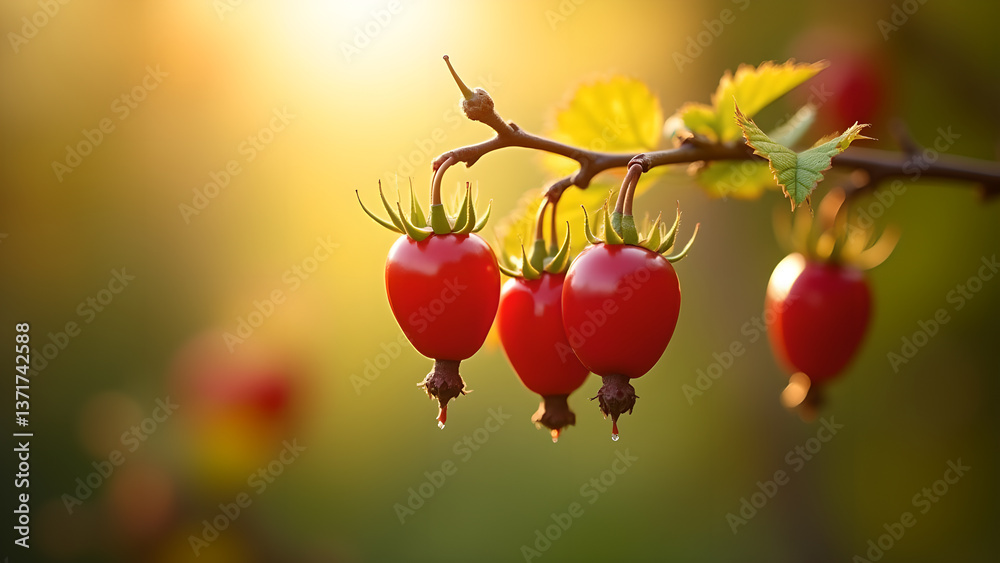 Rosehips ripening on branch with golden backlight