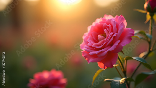 Obraz na płótnie Glowing Pink Rose at Golden Hour in Garden Scene w salonie