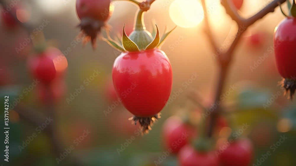 Rosehips Glisten at Dusk on a Branch