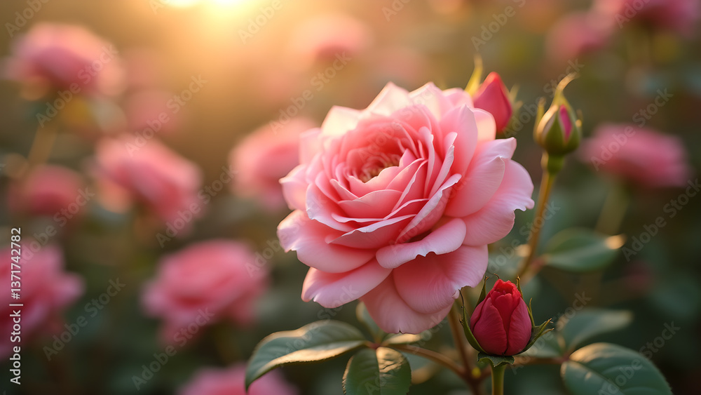 Pink Roses Blooming in a Gentle Sunset Light
