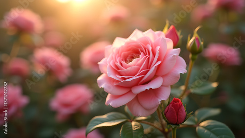 Obraz na płótnie Pink Roses Blooming in a Gentle Sunset Light w salonie