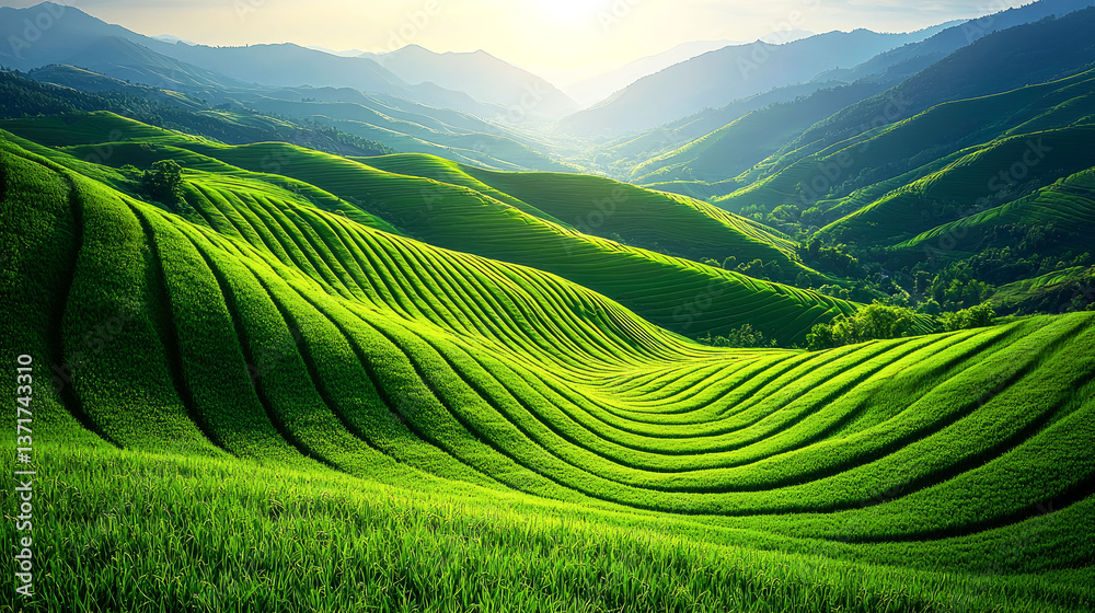 Obraz premium Stunning Green Rice Terraces in Mountains: Breathtaking Landscape Photography