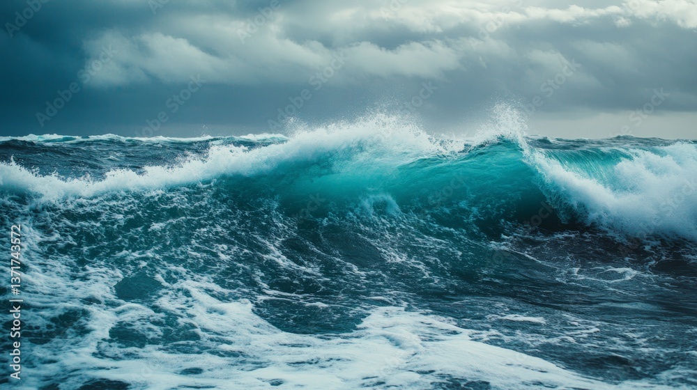 Fototapeta premium Waves crashing on the ocean surface with dramatic storm clouds overhead.