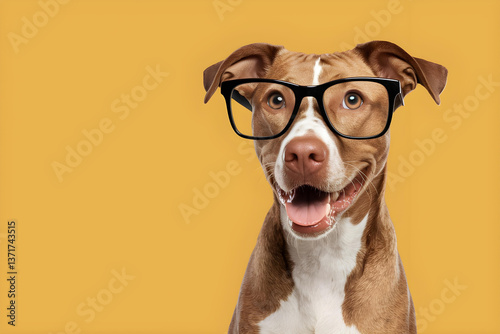 Portrait of a dog wearing glasses in front of yellow background