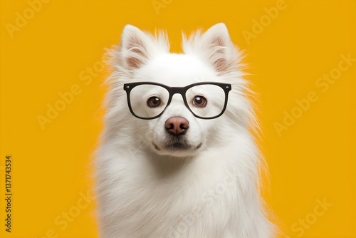 Сlose up of a white pomeranian spitz dog wearing glasses in front of yellow background