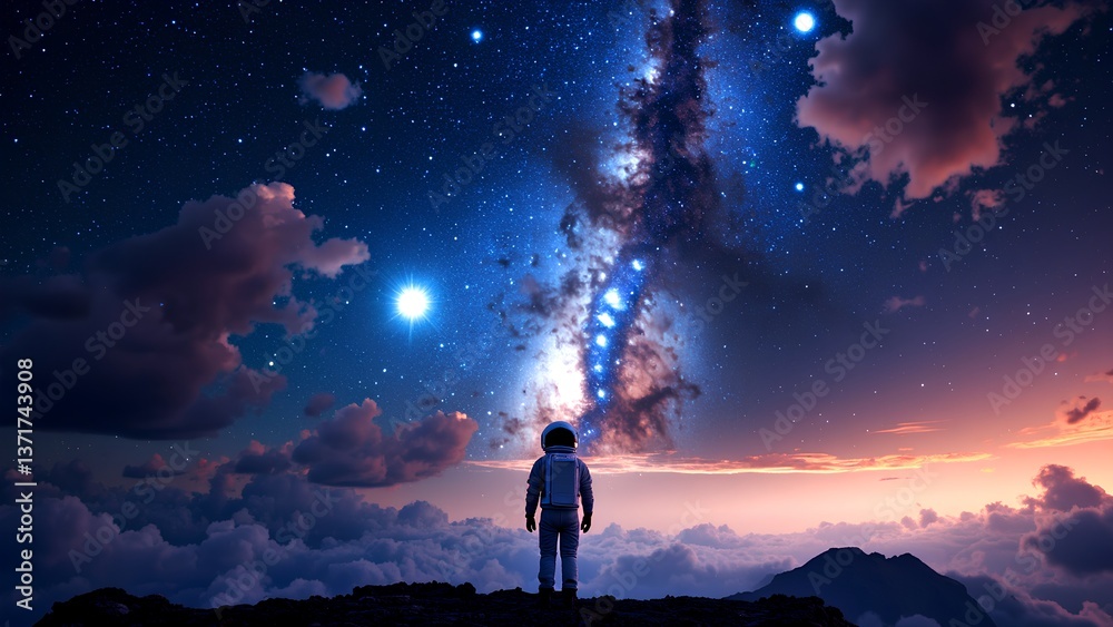 Fototapeta premium Astronaut gazing at a vibrant galaxy in a night sky filled with stars