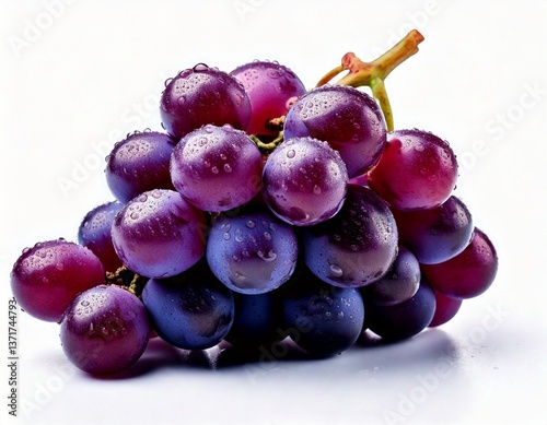 Bunch of grapes isolated on a white background, A cluster of purple grapes with dewdrops on their surface