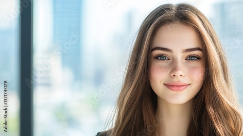 Confidence A woman smiling boldly, standing in front of a city skyline. Free Download Confidence A woman smiling boldly, standing in front of a city skyline. - GFXLoad