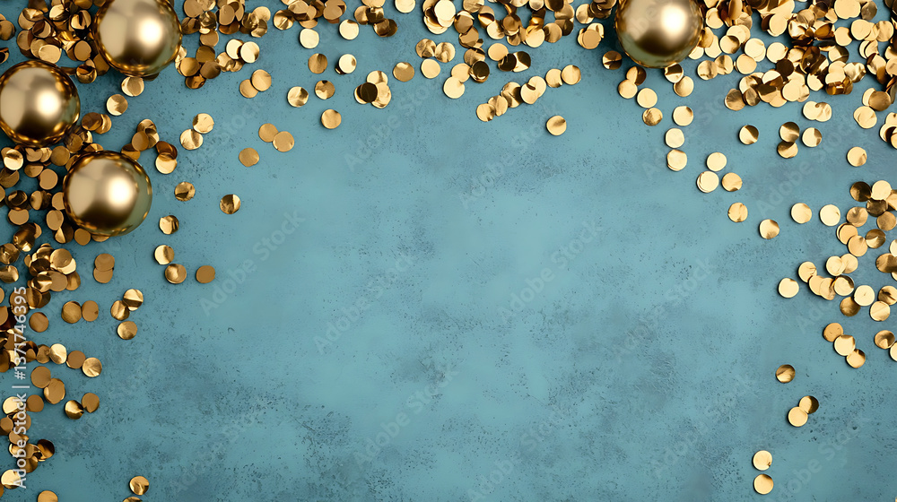 Fototapeta premium Elegant and festive composition with golden ornaments and confetti on a blue background, capturing a sense of celebration and luxury, perfect for conveying festive themes.