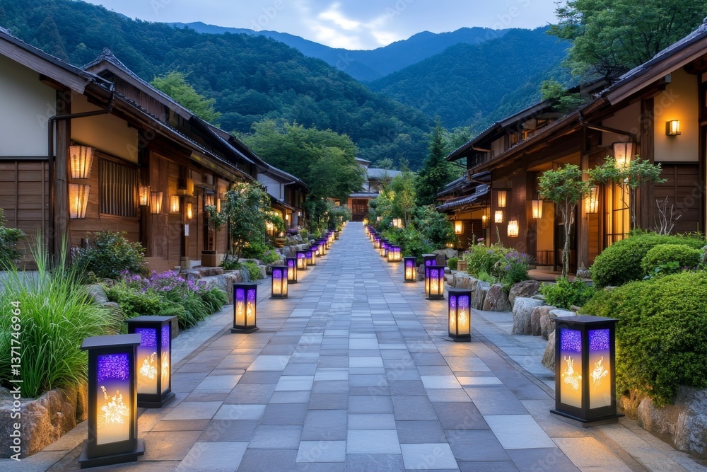 A row of traditional Japanese houses decorated with Obon lanterns, casting a warm glow in the night A row of traditional Japanese houses decorated with Obon lanterns, casting a warm glow in the night