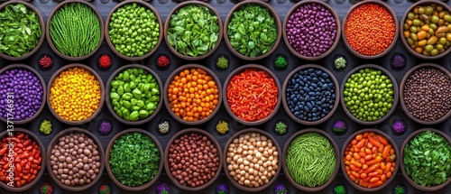 Wallpaper Mural Assorted seeds, grains, and legumes in bowls displayed in rows on a dark background Torontodigital.ca
